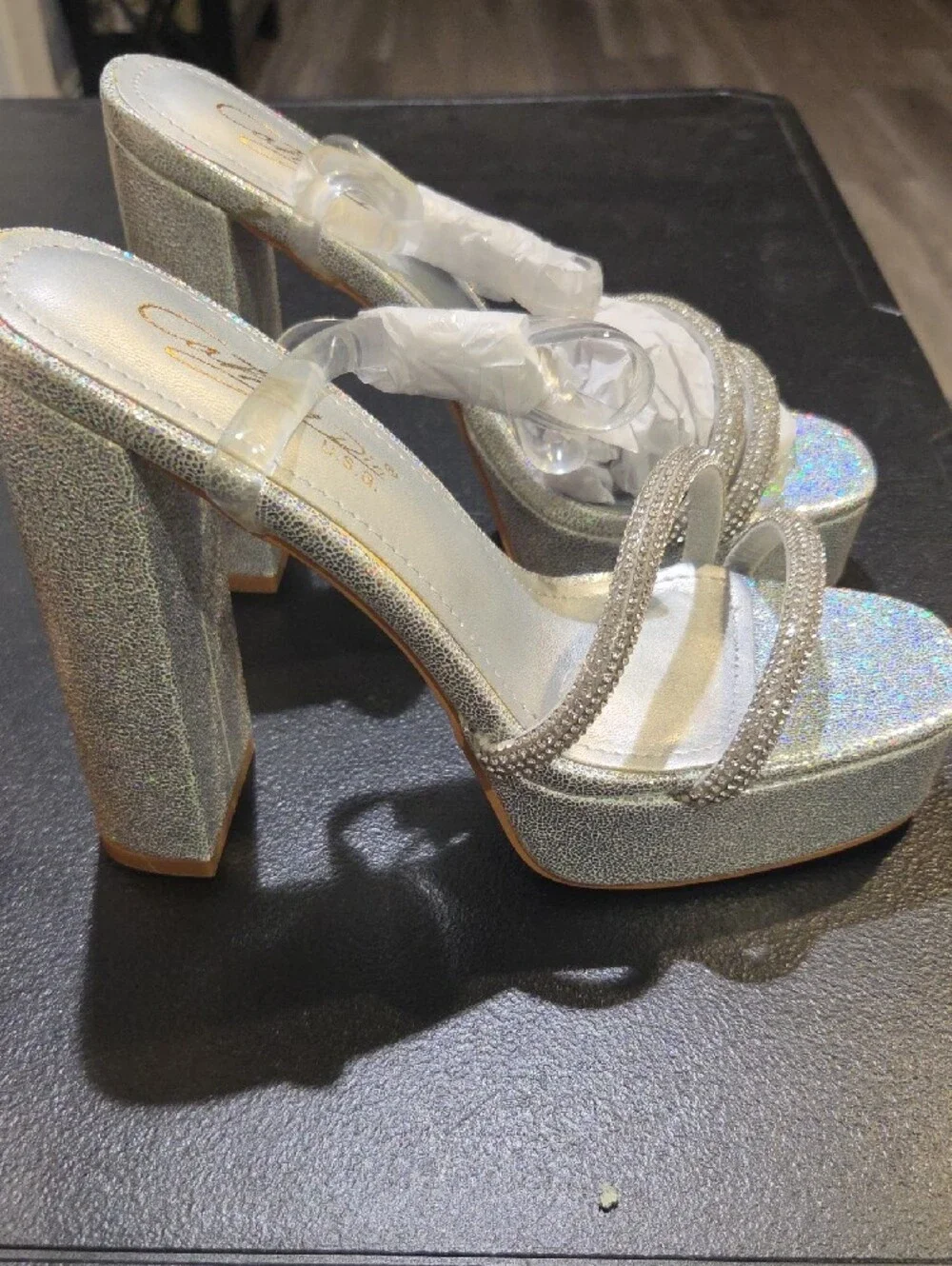 Caparros Silver Iridescent Rhinestone Platform Sandals